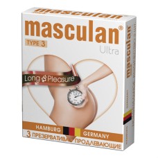 Презервативы Masculan Ultra Long Pleasure 3шт., розового цвета из натурального латекса. Длина 185мм, ширина 53мм.