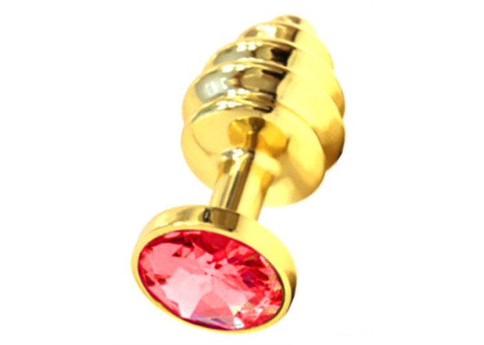 Анальная пробка винтовая металл золото с красным кристаллом